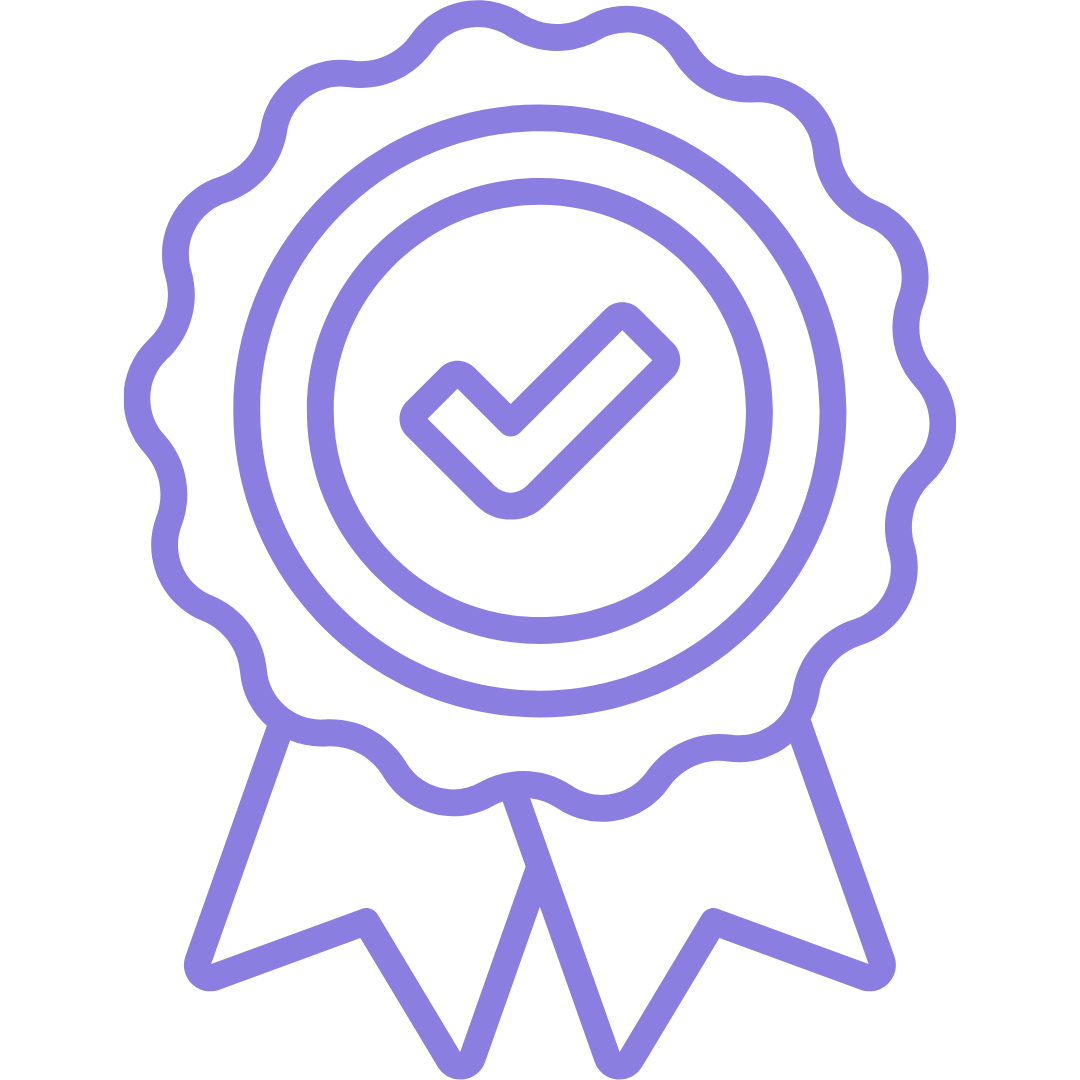 Certified electronics
Ribbon badge icon with a checkmark, representing FCC and CE certified electronics.