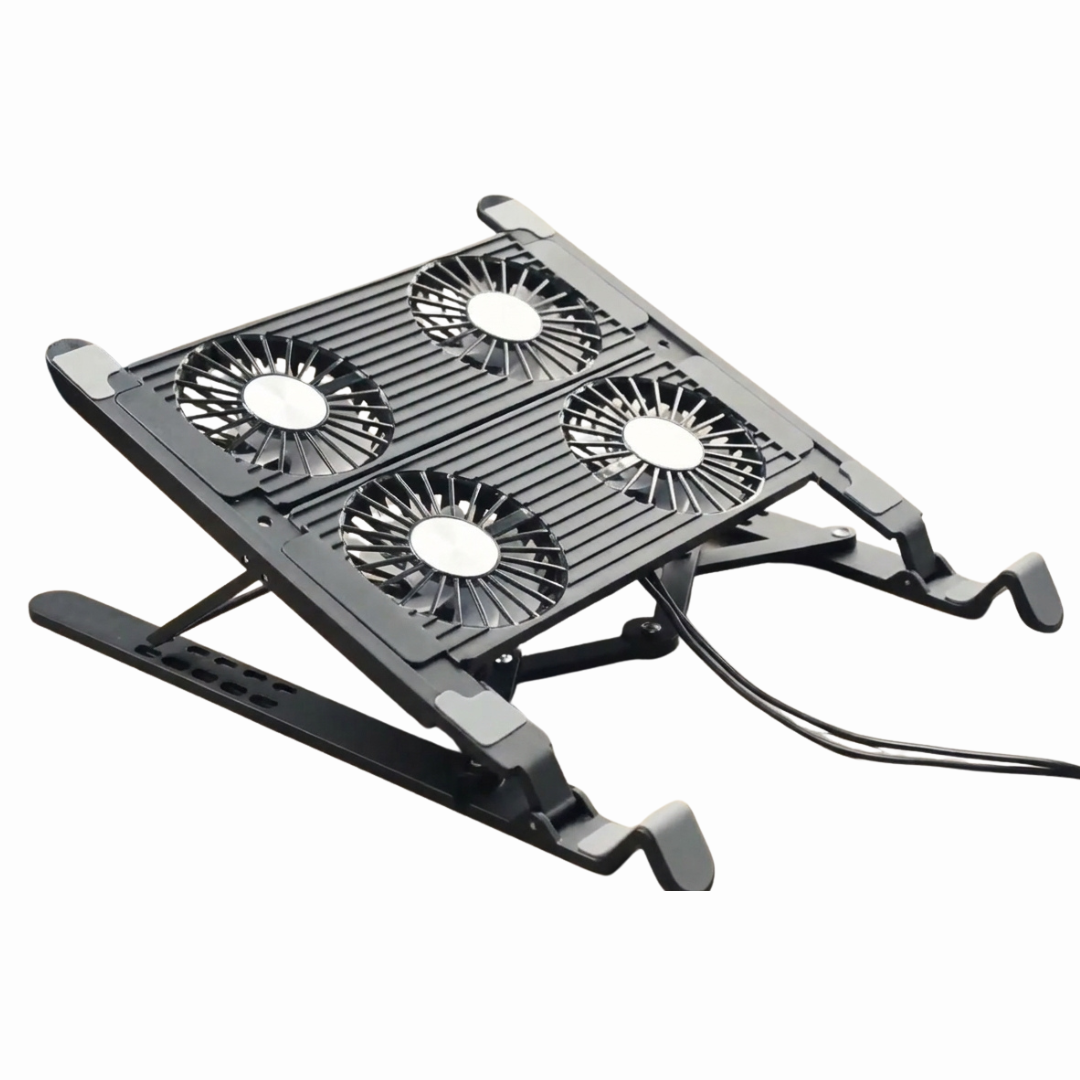 Nomanox foldable cooling laptop stand with four built-in fans, unfolded, three-quarter view.