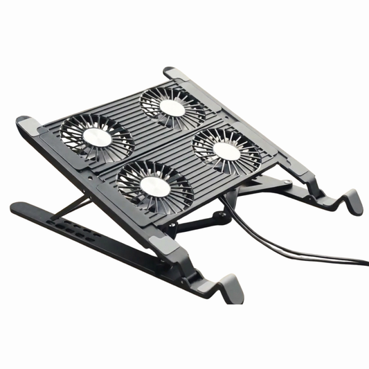Nomanox foldable cooling laptop stand with four built-in fans, unfolded, three-quarter view.